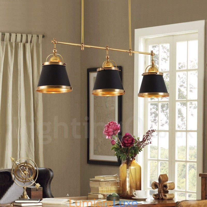 Suspension de luxe rustique rétro à 3 lumières en laiton avec abat-jour en laiton