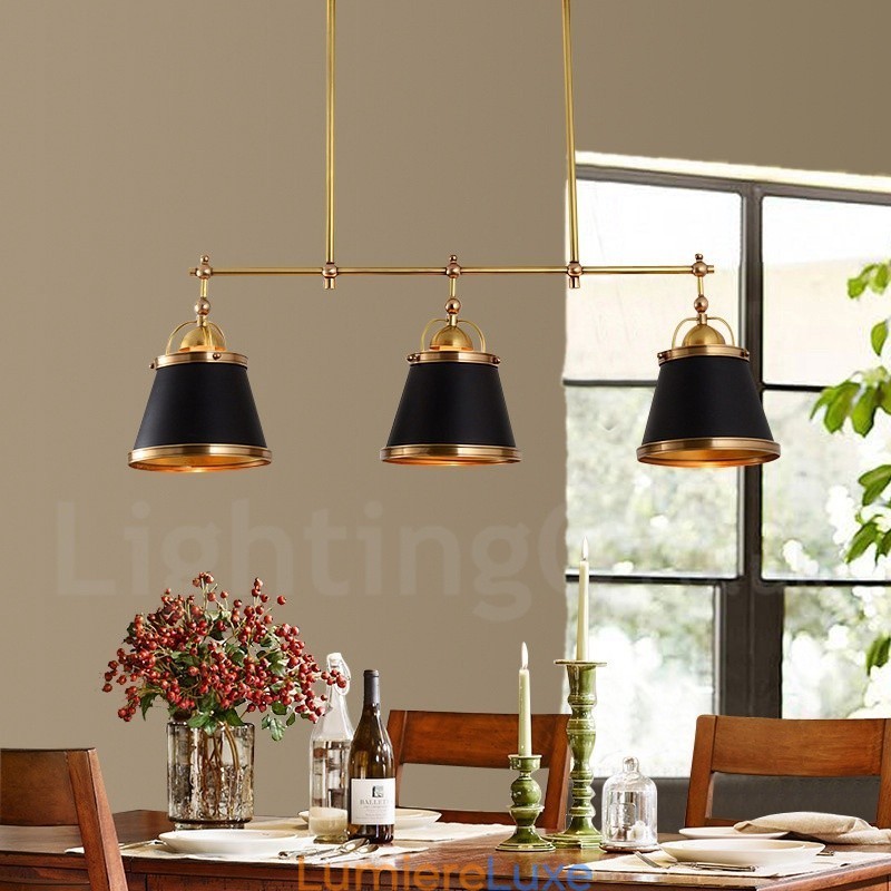 Suspension de luxe rustique rétro à 3 lumières en laiton avec abat-jour en laiton