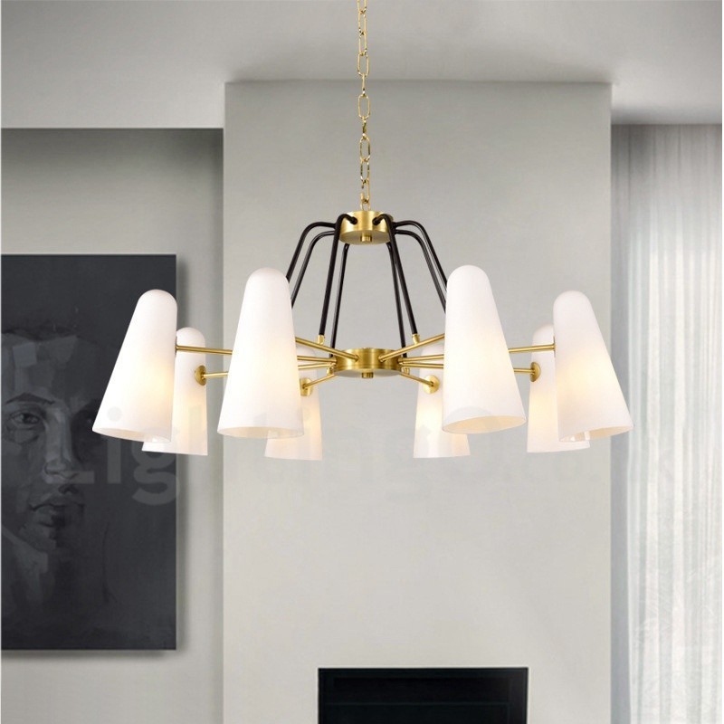 Lustre suspendu de luxe rustique rétro à 8 lumières en laiton avec abat-jour en verre