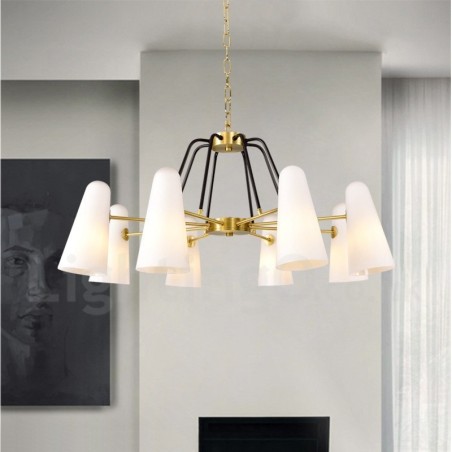 Lustre suspendu de luxe rustique rétro à 8 lumières en laiton avec abat-jour en verre Lustre suspendu de luxe rustique rétro à 8 lumières en laiton avec abat-jour en verre