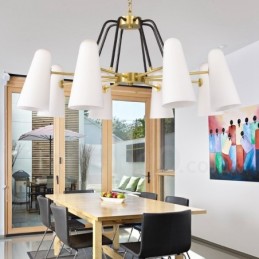 Lustre suspendu de luxe rustique rétro à 8 lumières en laiton avec abat-jour en verre