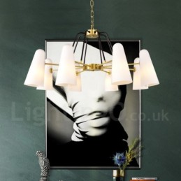 Lustre suspendu de luxe rustique rétro à 8 lumières en laiton avec abat-jour en verre