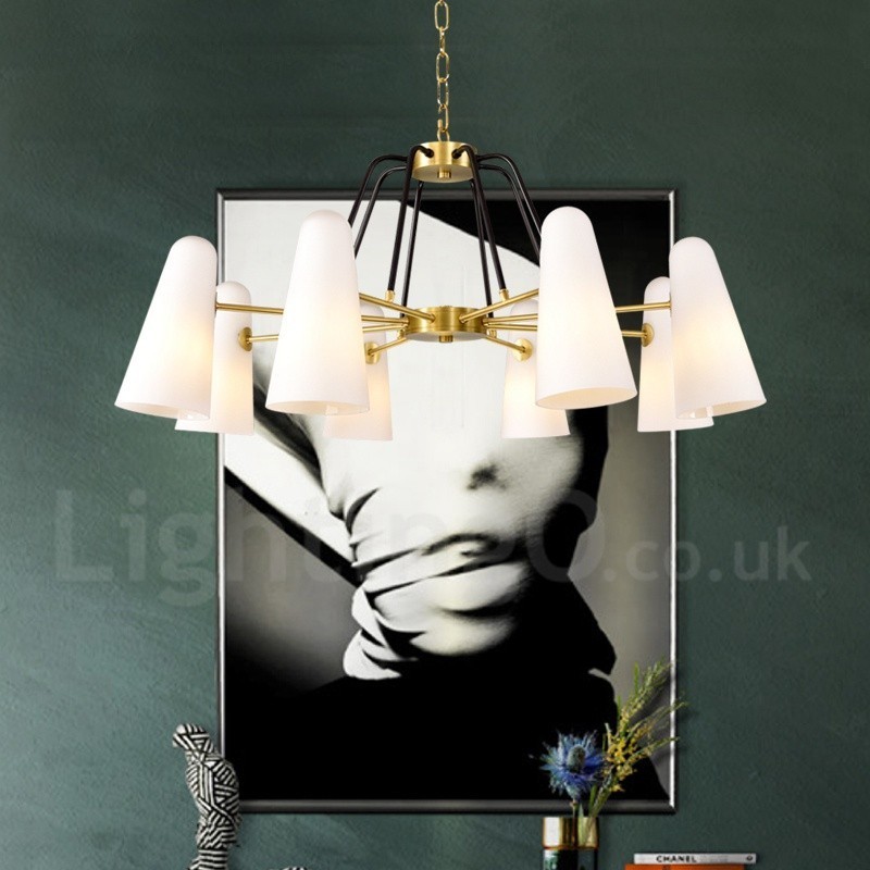 Lustre suspendu de luxe rustique rétro à 8 lumières en laiton avec abat-jour en verre