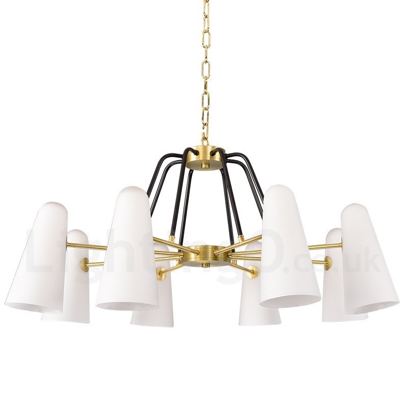 Lustre suspendu de luxe rustique rétro à 8 lumières en laiton avec abat-jour en verre