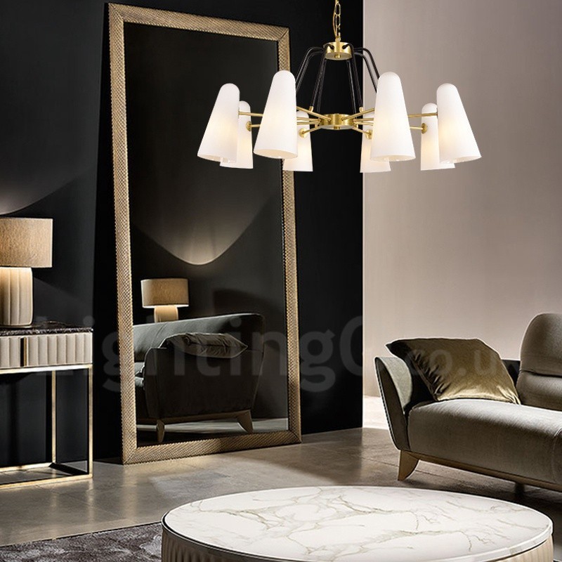 Lustre suspendu de luxe rustique rétro à 8 lumières en laiton avec abat-jour en verre