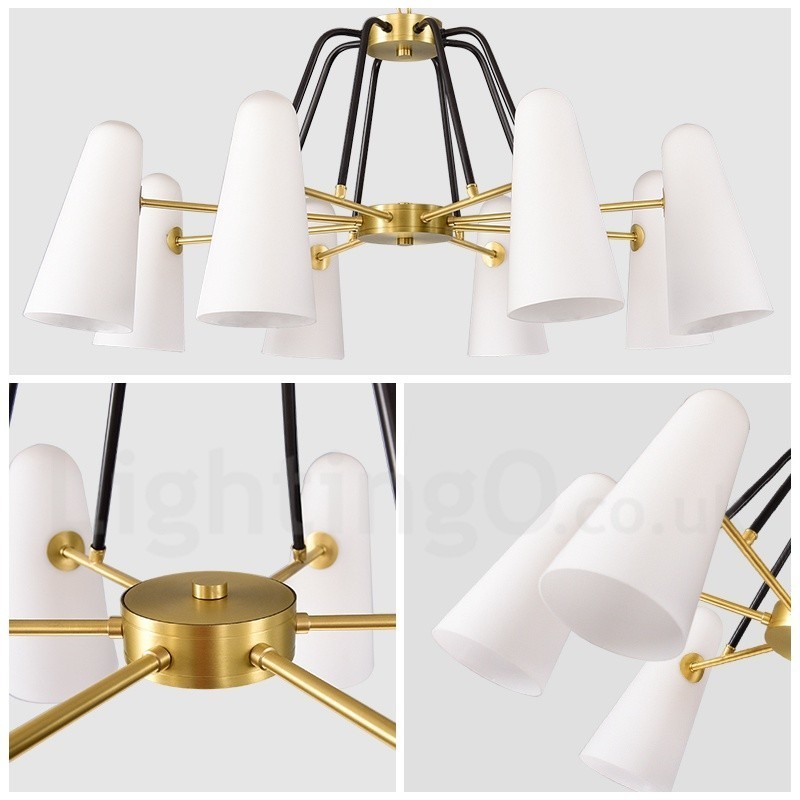 Lustre suspendu de luxe rustique rétro à 8 lumières en laiton avec abat-jour en verre