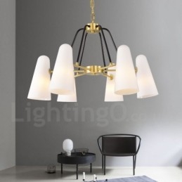 Lustre suspendu de luxe rustique rétro à 6 lumières en laiton avec abat-jour en verre