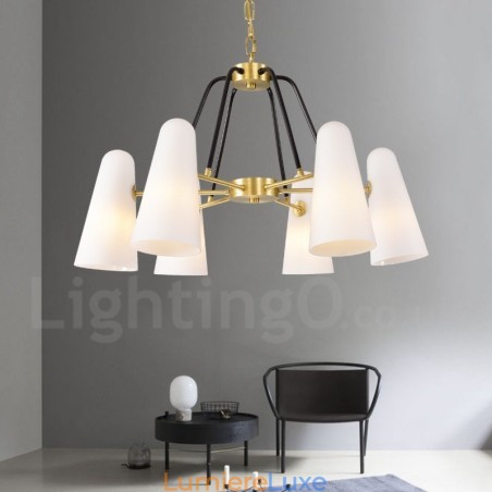 Lustre suspendu de luxe rustique rétro à 6 lumières en laiton avec abat-jour en verre Lustre suspendu de luxe rustique rétro à 6 lumières en laiton avec abat-jour en verre