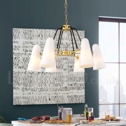 Lustre suspendu de luxe rustique rétro à 6 lumières en laiton avec abat-jour en verre