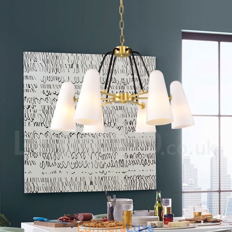 Lustre suspendu de luxe rustique rétro à 6 lumières en laiton avec abat-jour en verre