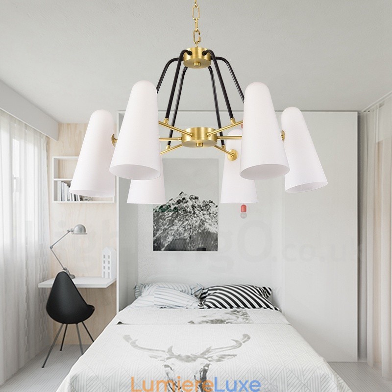 Lustre suspendu de luxe rustique rétro à 6 lumières en laiton avec abat-jour en verre
