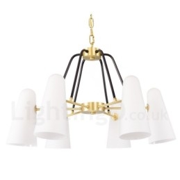 Lustre suspendu de luxe rustique rétro à 6 lumières en laiton avec abat-jour en verre