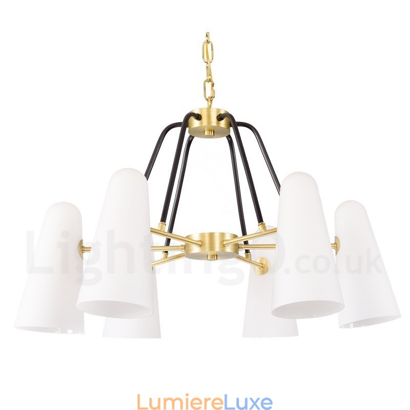 Lustre suspendu de luxe rustique rétro à 6 lumières en laiton avec abat-jour en verre