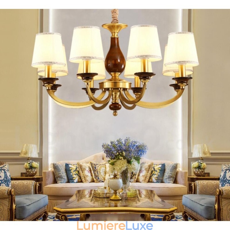 Lustre suspendu de luxe rustique rétro à 8 lumières en laiton avec abat-jour en verre