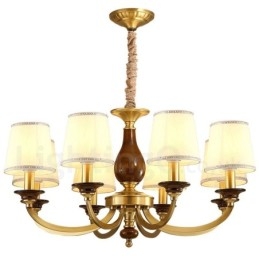 Lustre suspendu de luxe rustique rétro à 8 lumières en laiton avec abat-jour en verre