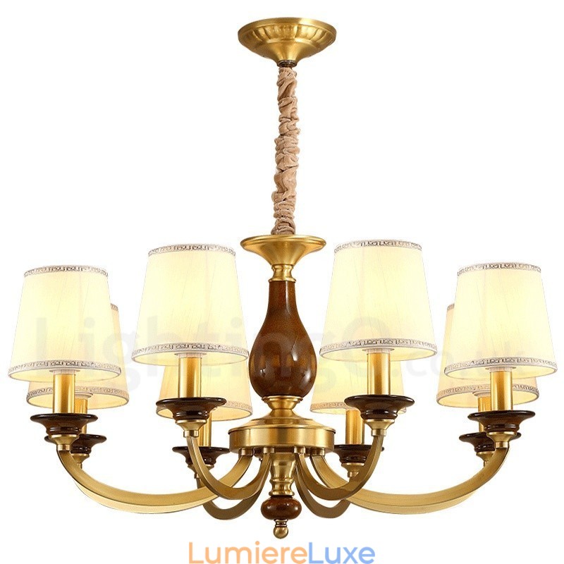 Lustre suspendu de luxe rustique rétro à 8 lumières en laiton avec abat-jour en verre