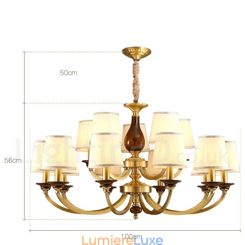 Lustre suspendu de luxe rustique rétro à 15 lumières en laiton avec abat-jour en verre