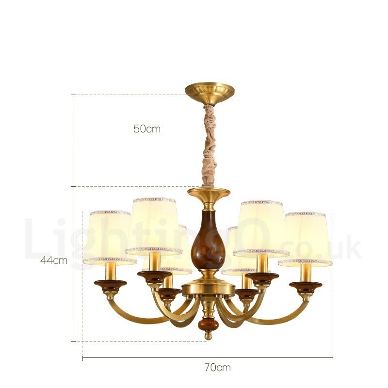 Lustre suspendu de luxe rustique rétro à 6 lumières en laiton avec abat-jour en verre