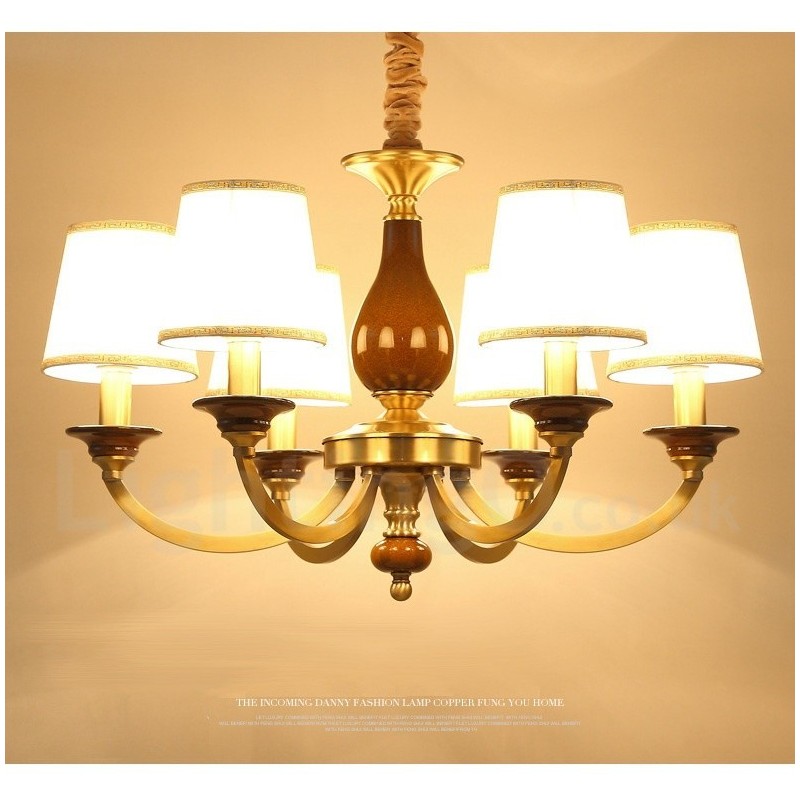 Lustre suspendu de luxe rustique rétro à 6 lumières en laiton avec abat-jour en verre