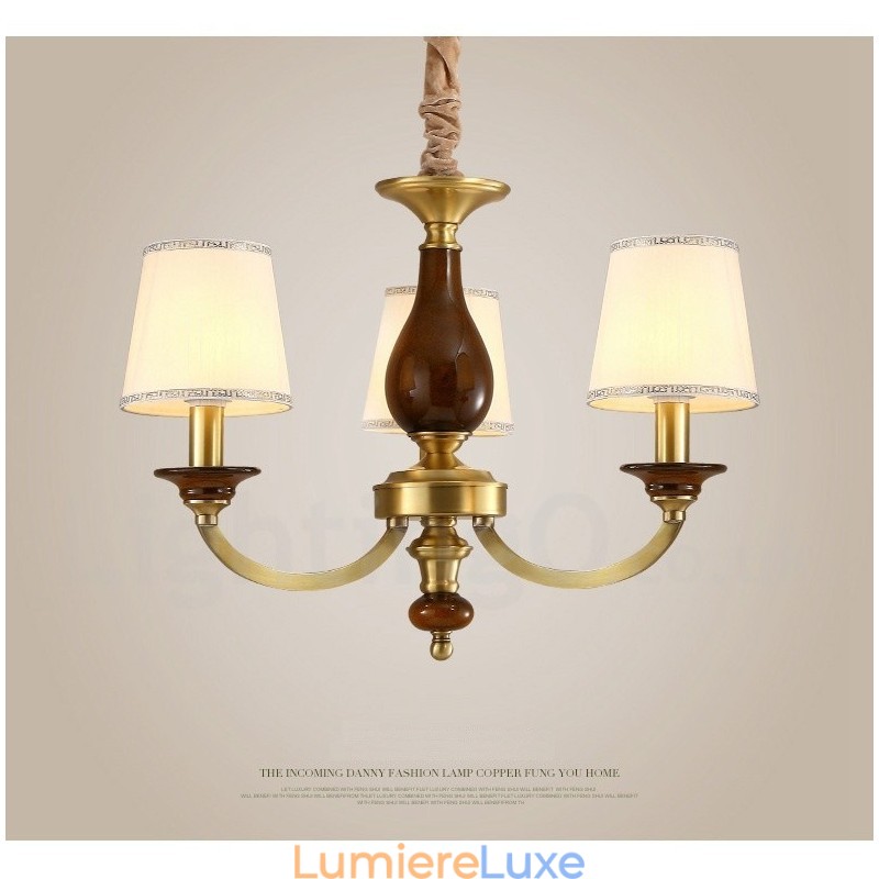Lustre suspendu de luxe rustique rétro à 3 lumières en laiton avec abat-jour en verre