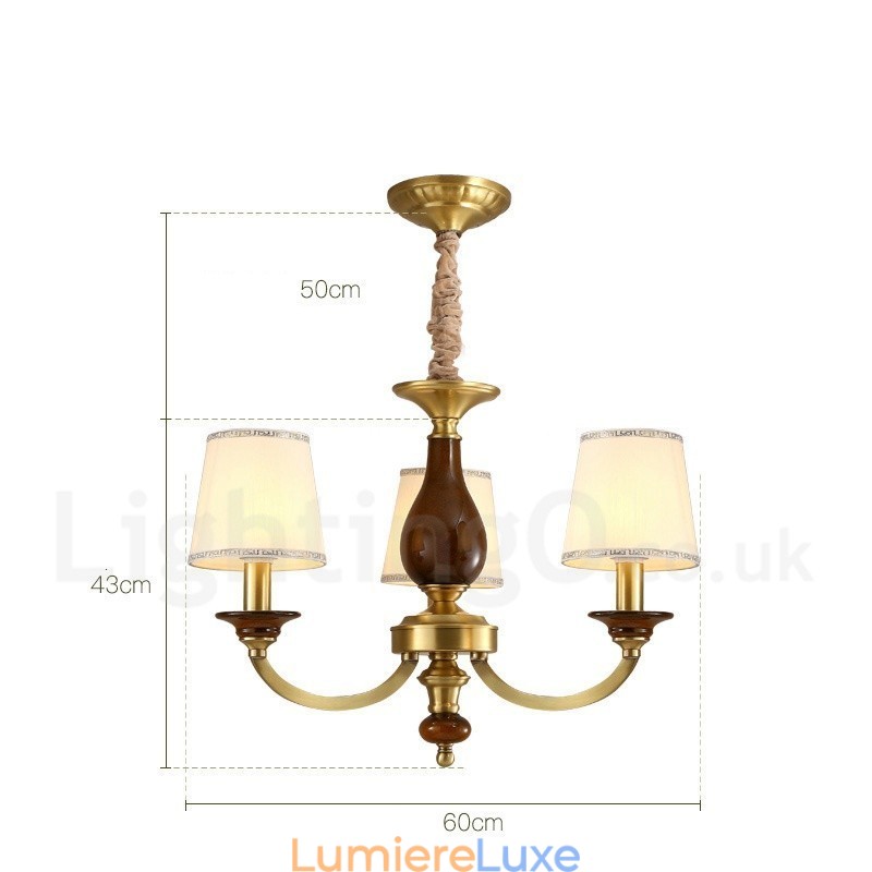 Lustre suspendu de luxe rustique rétro à 3 lumières en laiton avec abat-jour en verre
