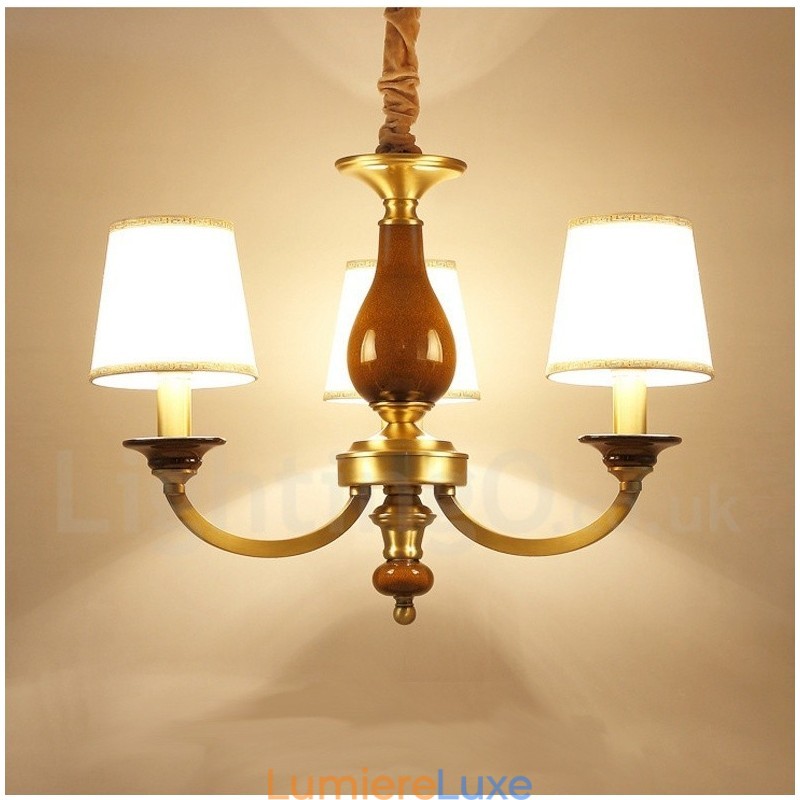 Lustre suspendu de luxe rustique rétro à 3 lumières en laiton avec abat-jour en verre