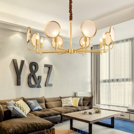 Lustre suspendu de luxe rustique rétro à 8 lumières en laiton avec abat-jour en verre Lustre suspendu de luxe rustique rétro à 8 lumières en laiton avec abat-jour en verre