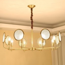 Lustre suspendu de luxe rustique rétro à 8 lumières en laiton avec abat-jour en verre