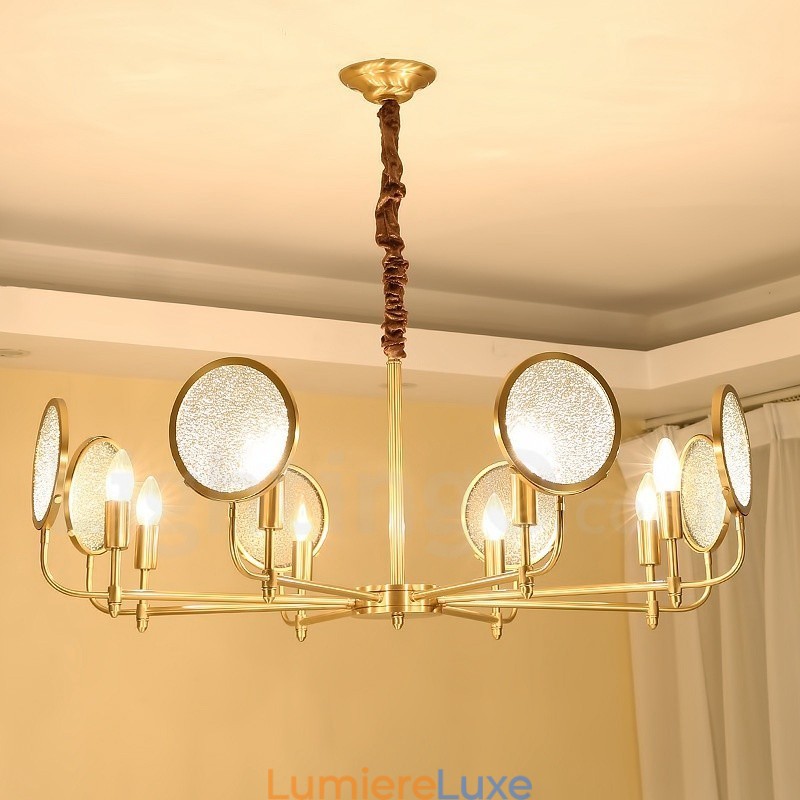 Lustre suspendu de luxe rustique rétro à 8 lumières en laiton avec abat-jour en verre