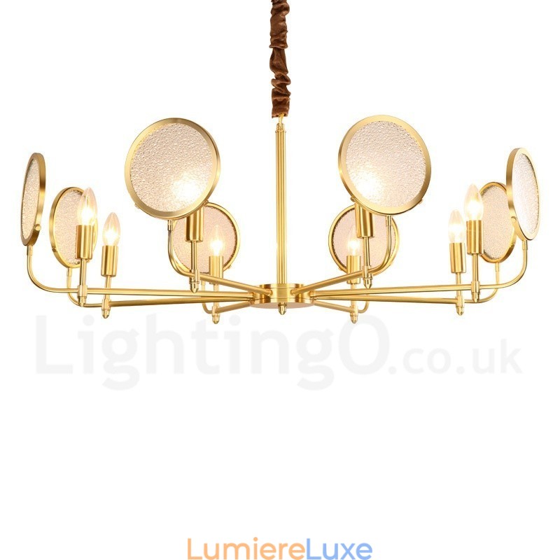 Lustre suspendu de luxe rustique rétro à 8 lumières en laiton avec abat-jour en verre