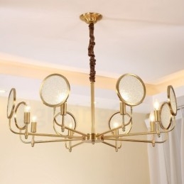 Lustre suspendu de luxe rustique rétro à 8 lumières en laiton avec abat-jour en verre