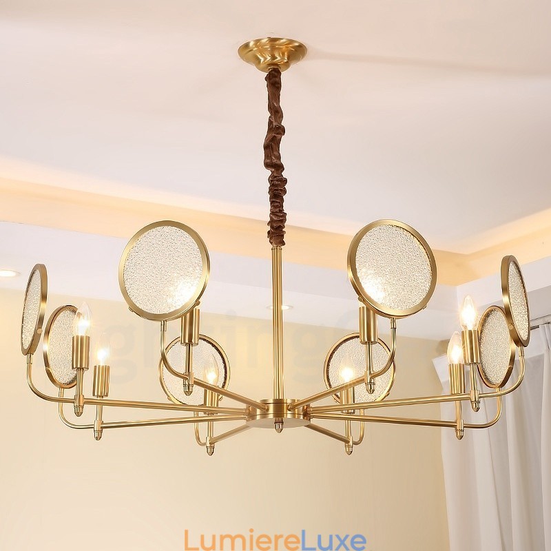 Lustre suspendu de luxe rustique rétro à 8 lumières en laiton avec abat-jour en verre