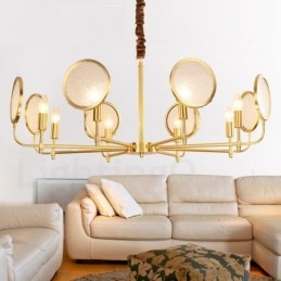 Lustre suspendu de luxe rustique rétro à 8 lumières en laiton avec abat-jour en verre
