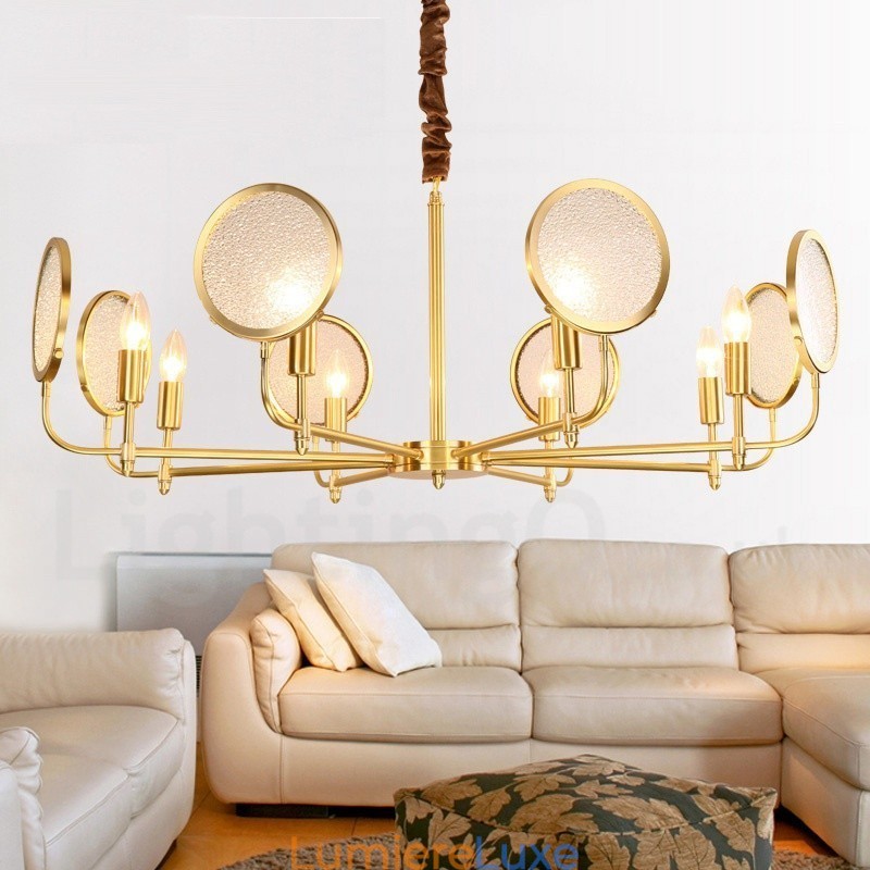 Lustre suspendu de luxe rustique rétro à 8 lumières en laiton avec abat-jour en verre