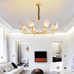 Lustre suspendu de luxe rustique rétro à 8 lumières en laiton avec abat-jour en verre