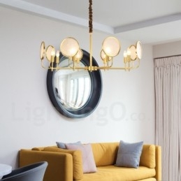 Lustre suspendu de luxe rustique rétro à 8 lumières en laiton avec abat-jour en verre