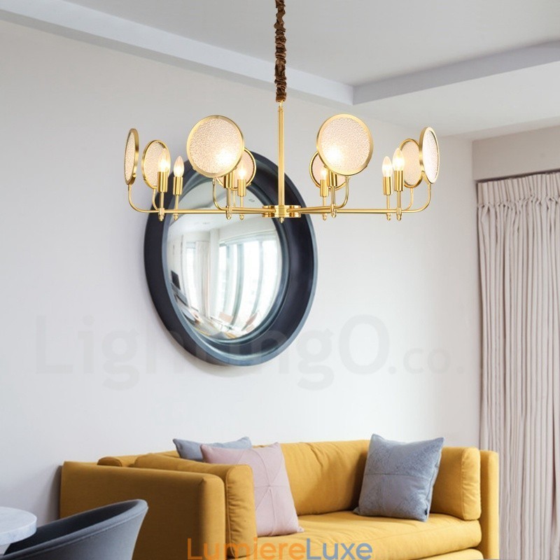 Lustre suspendu de luxe rustique rétro à 8 lumières en laiton avec abat-jour en verre