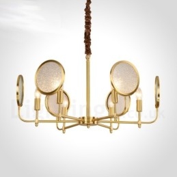 Lustre suspendu de luxe rustique rétro à 6 lumières en laiton avec abat-jour en verre