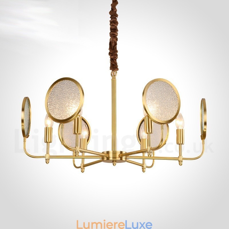 Lustre suspendu de luxe rustique rétro à 6 lumières en laiton avec abat-jour en verre