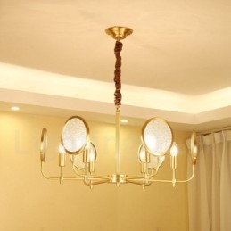 Lustre suspendu de luxe rustique rétro à 6 lumières en laiton avec abat-jour en verre
