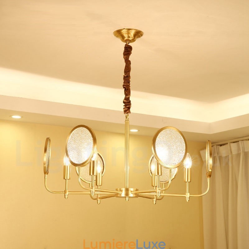 Lustre suspendu de luxe rustique rétro à 6 lumières en laiton avec abat-jour en verre