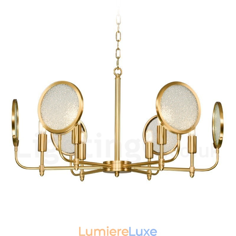Lustre suspendu de luxe rustique rétro à 6 lumières en laiton avec abat-jour en verre