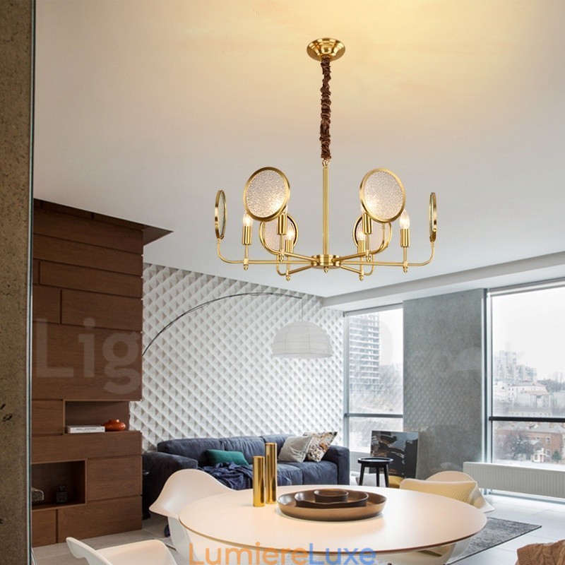 Lustre suspendu de luxe rustique rétro à 6 lumières en laiton avec abat-jour en verre