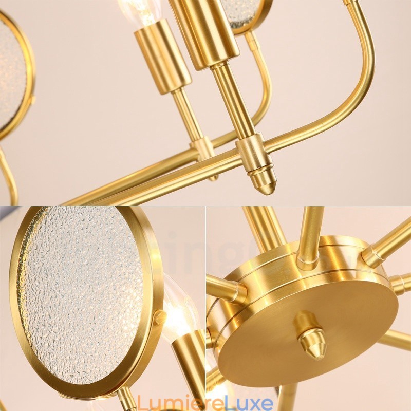 Lustre suspendu de luxe rustique rétro à 6 lumières en laiton avec abat-jour en verre