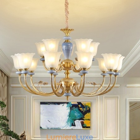 Lustre suspendu de luxe rustique rétro à 15 lumières en laiton avec abat-jour en verre Lustre suspendu de luxe rustique rétro à 15 lumières en laiton avec abat-jour en verre