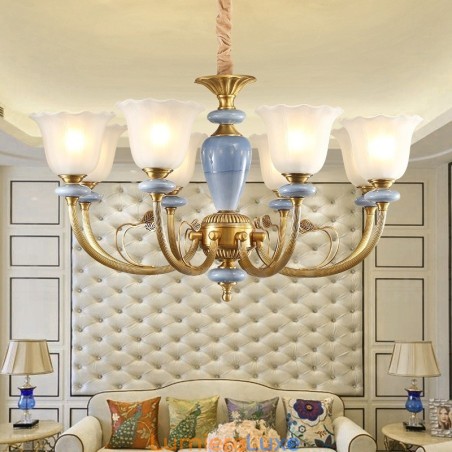 Lustre suspendu de luxe rustique rétro à 8 lumières en laiton avec abat-jour en verre Lustre suspendu de luxe rustique rétro à 8 lumières en laiton avec abat-jour en verre