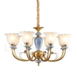 Lustre suspendu de luxe rustique rétro à 8 lumières en laiton avec abat-jour en verre