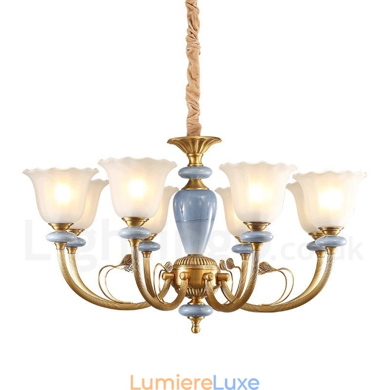 Lustre suspendu de luxe rustique rétro à 8 lumières en laiton avec abat-jour en verre