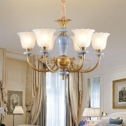 Lustre suspendu de luxe rustique rétro à 6 lumières en laiton avec abat-jour en verre