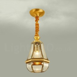 Lustre suspendu de luxe rustique rétro à 1 lumière en laiton avec abat-jour en verre